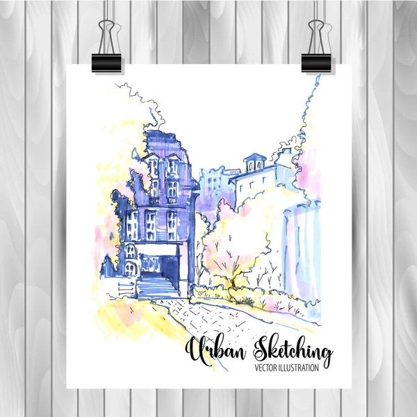 Tasarımınız için elle çizilmiş Şehir Çizimi,Beyaz arka plan üzerinde renkli mürekkep veya işaretçilerçizilmiştir