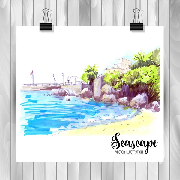 Handritad Seascape skiss för din design, ritad i färg bläck eller markörer på vit bakgrund — Stock vektor