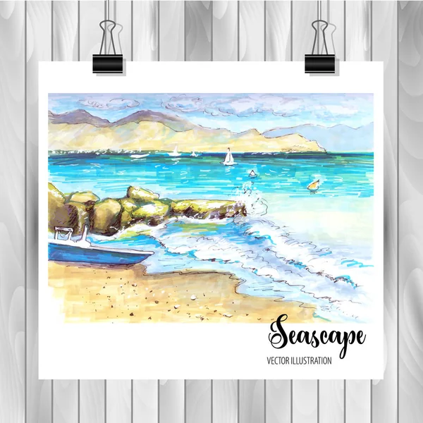 Handritad Seascape skiss för din design, ritad i färg bläck eller markörer på vit bakgrund — Stock vektor
