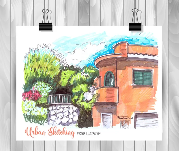 Tasarımınız için elle çizilmiş Şehir Çizimi,Beyaz arka plan üzerinde renkli mürekkep veya işaretçilerçizilmiştir