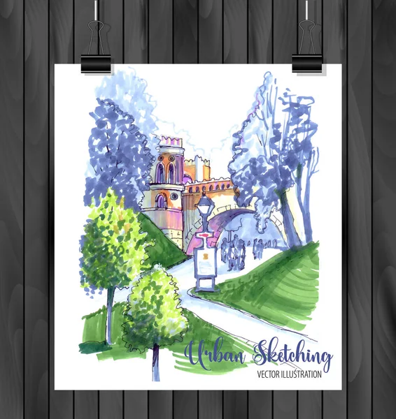 Tasarımınız için elle çizilmiş Şehir Çizimi,Beyaz arka plan üzerinde renkli mürekkep veya işaretçilerçizilmiştir