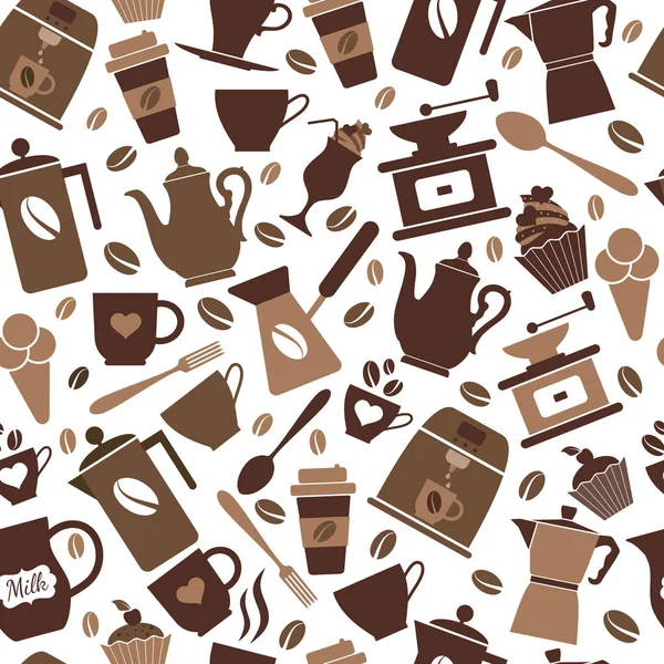 Colorido icono de café en blanco. Ilustración vectorial. Patrón sin costura . — Vector de stock