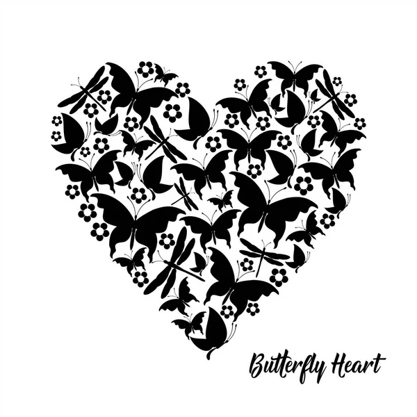 Μαύρη καρδιά, πεταλούδες, εικόνα διάνυσμα κάρτα Αγίου Βαλεντίνου — Διανυσματικό Αρχείο
