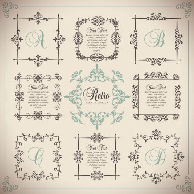 Vintage vektör seti. Monogramlar, davetiyeler, çerçeveler, menüler, etiketler ve web sitelerinin tasarımı için çiçek elemanları. Katalog ve kafeler, butikler broşür tasarımı için. Retro tarzı.