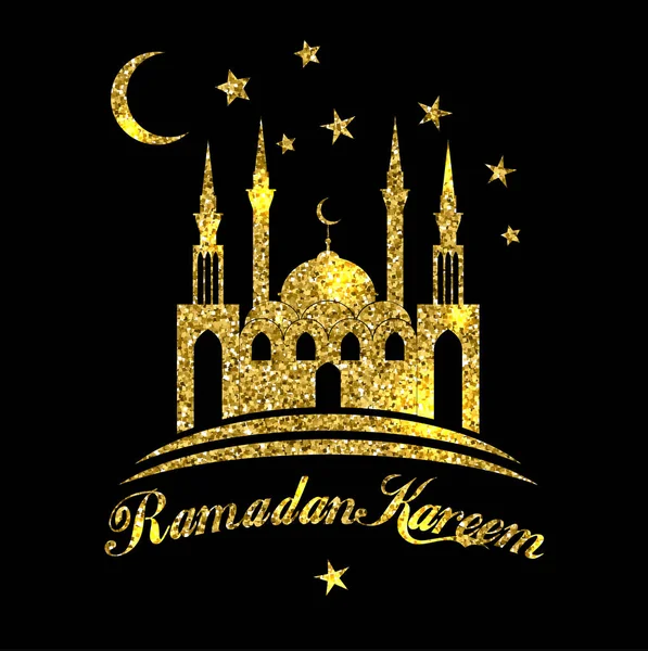 Ramadán Kareem o Eid mubarak saludo fondo islámico con mezquita de oro sobre fondo de color negro . — Vector de stock