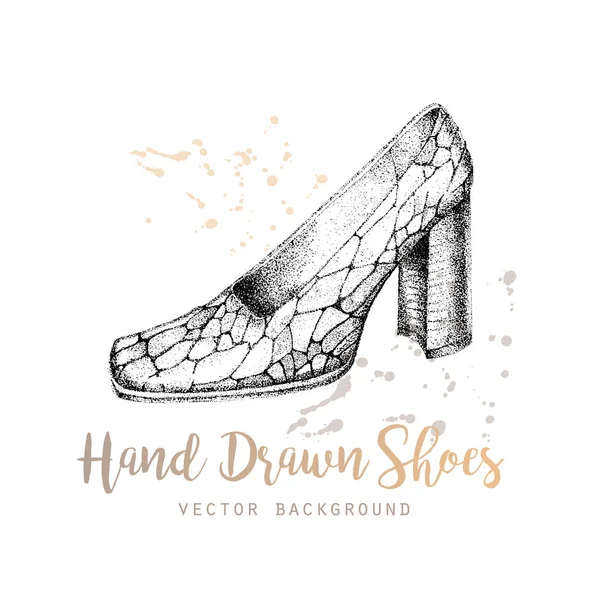 Sapato de mulher desenhado à mão elegante. Modelo de design para etiqueta, banner, cartão postal, folheto. Ilustração vetorial . —  Vetores de Stock