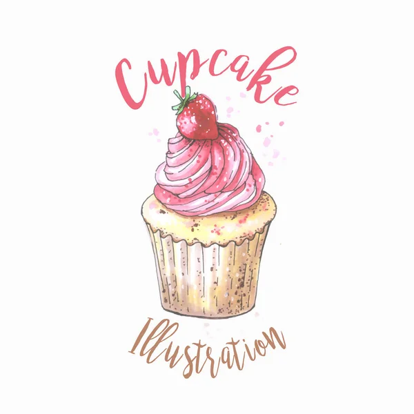 Vector hand Drawn illustration av cupcake med Berry FODD illustration. Mat illustration. — Stock vektor