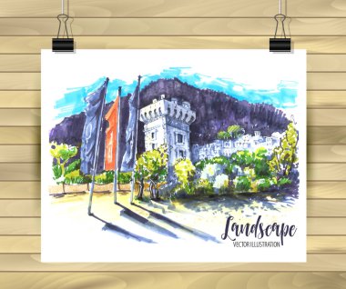 Tasarımınız için elle çizilmiş eski Şehir Krokisi,Beyaz arka plan üzerinde renkli mürekkep veya işaretçiler çizilir.