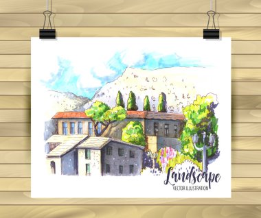 Tasarımınız için elle çizilmiş eski Şehir Krokisi,Beyaz arka plan üzerinde renkli mürekkep veya işaretçiler çizilir.