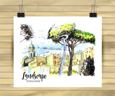 Tasarımınız için elle çizilmiş eski Şehir Krokisi,Beyaz arka plan üzerinde renkli mürekkep veya işaretçiler çizilir.