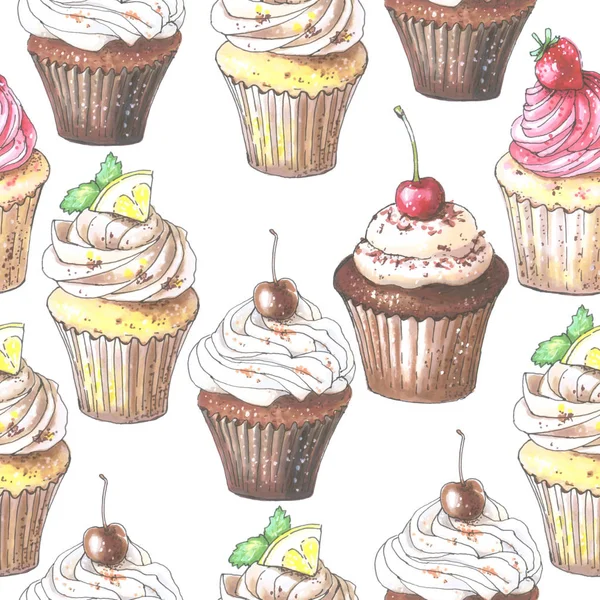 Patrón de cupcake sin costuras. Fondo dibujado a mano . — Vector de stock