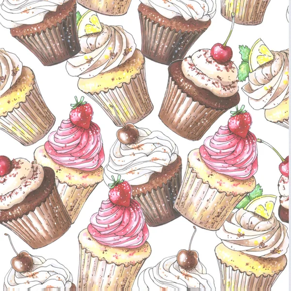 Patrón de cupcake sin costuras. Fondo dibujado a mano . — Vector de stock