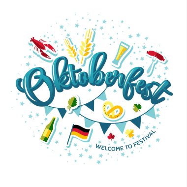 Simgeler ve metin Oktoberfest ile mavi ve beyaz başlık. Vektör çizimi.