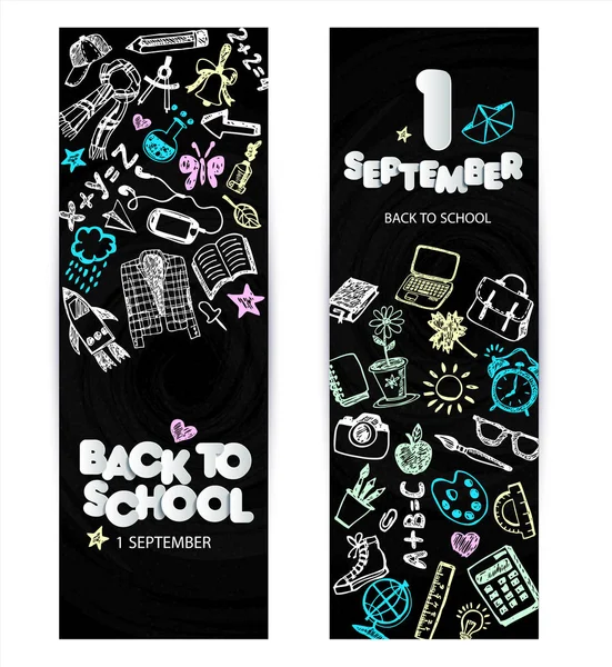 Back to school promo banner design. Vector black chalkboard background color crayons and pencils. Hand drawn doodle sketches with school goods. — Stock Vector