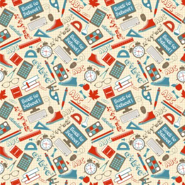 Farklı okul malzemeleri kafes arka plan ile Dikişsiz desen. Okul tatiline dönüş için dekorasyon öğeleri.