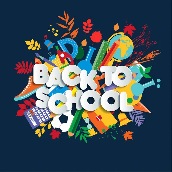 Voltar ao banner da web da escola, ilustração criança colorida com suprimentos de classe e citação tipografia feliz . — Vetor de Stock