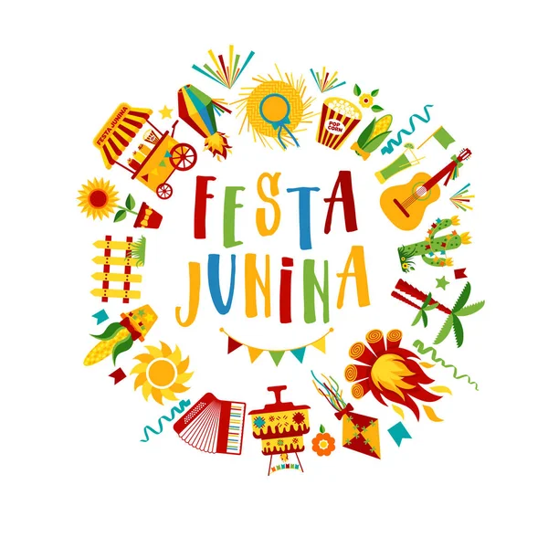 Festival de pueblo de Festa Junina en América Latina. Iconos ambientados en bri — Vector de stock