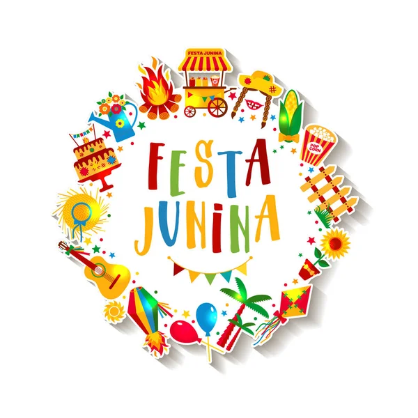 Festa Junina village festival in Latin America. Icons set in bri — Stock Vector