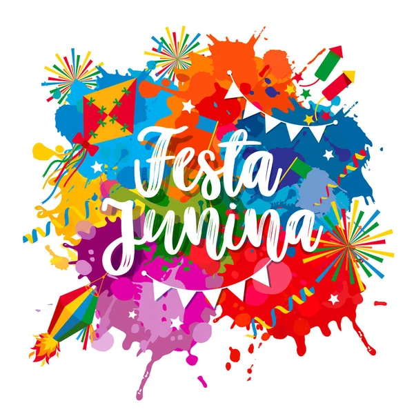 ラテンアメリカのフェスタジュニナ村祭り。明るいブロットのレタリングイラスト. — ストックベクタ