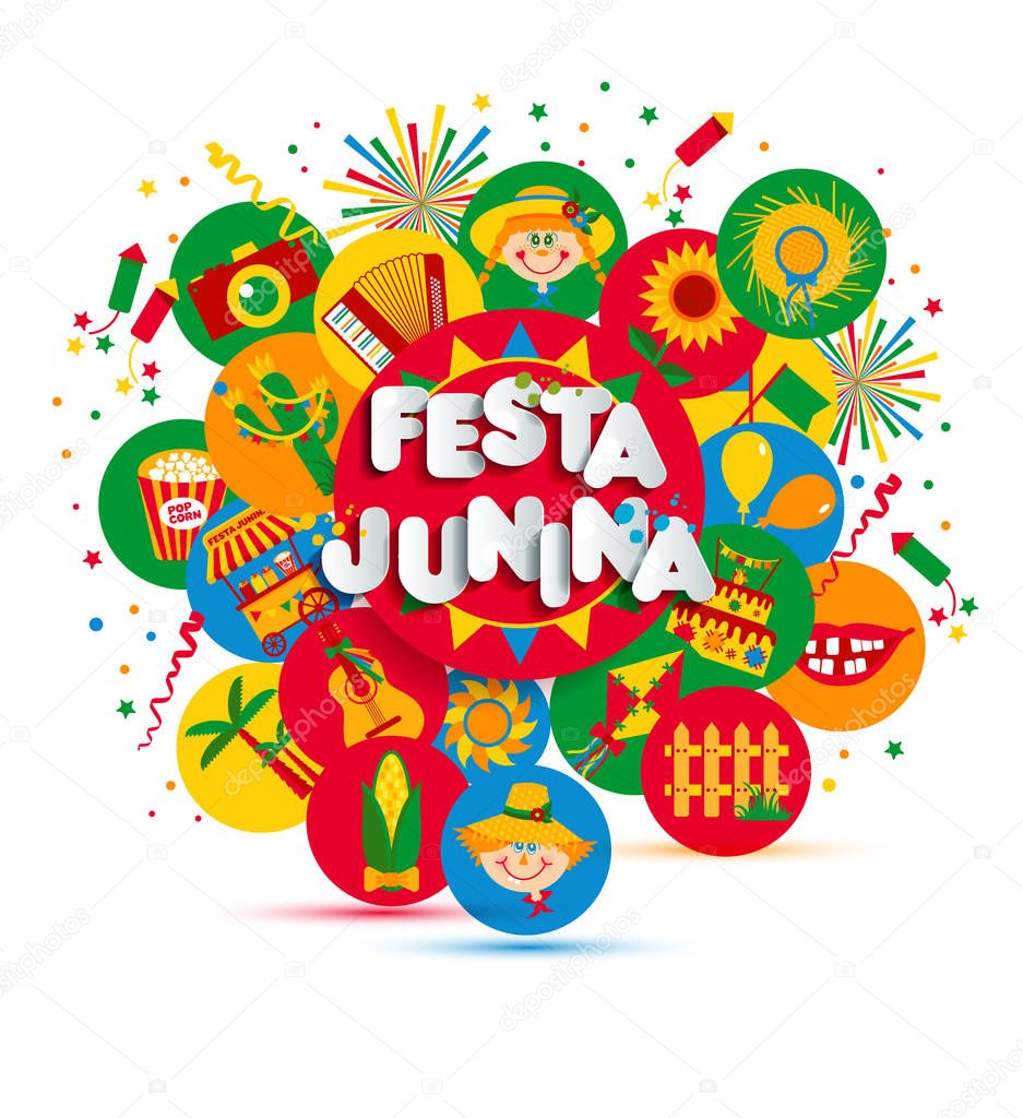 Festa Junina village festival in Latin America. Icons set in bright color. Flat style decoration.