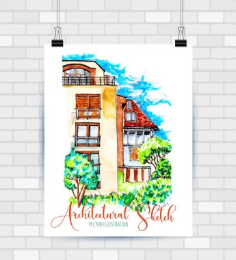 Mimari çizim manzara el çizilmiş illüstrasyon