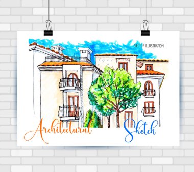 Mimari çizim manzara el çizilmiş illüstrasyon