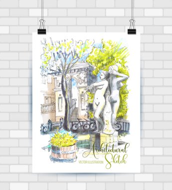 Mimari çizim manzara el çizilmiş illüstrasyon
