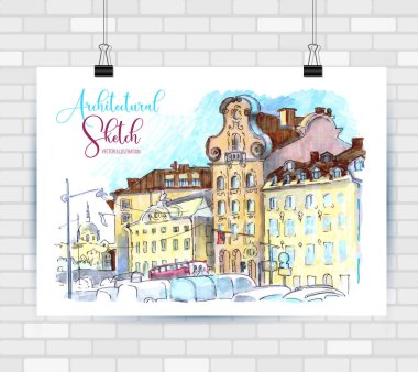Mimari çizim manzara el çizilmiş illüstrasyon