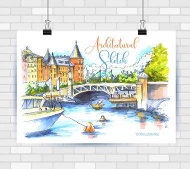 Mimari kroki manzara el çizilmiş illüstrasyon ile köprü ve kule