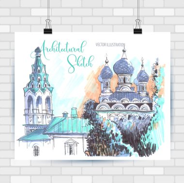 Mimari çizim manzarası. Elle çizilmiş illüstrasyon. Vektör arka planı.