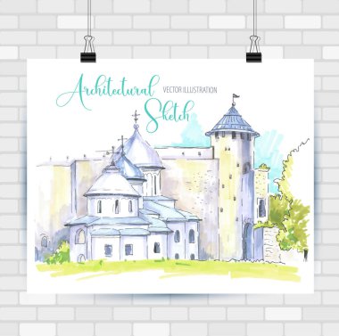 Mimari çizim manzarası. Elle çizilmiş illüstrasyon. Vektör arka planı.