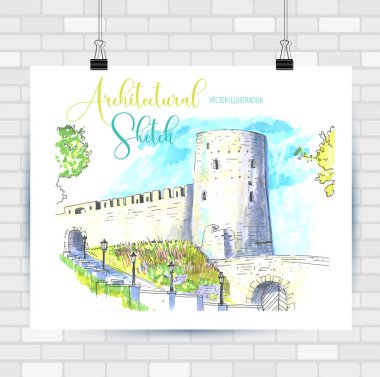 Mimari çizim manzarası. Elle çizilmiş illüstrasyon. Vektör arka planı.