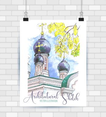Mimari çizim manzarası. Elle çizilmiş illüstrasyon. Vektör arka planı.