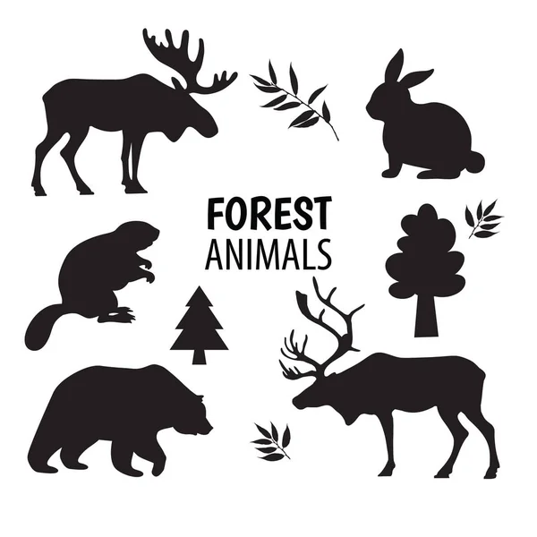 Forêt sauvage animaux silhouettes, éléments mis blanc isolé. Ensemble d'icônes de conception graphique de base — Image vectorielle