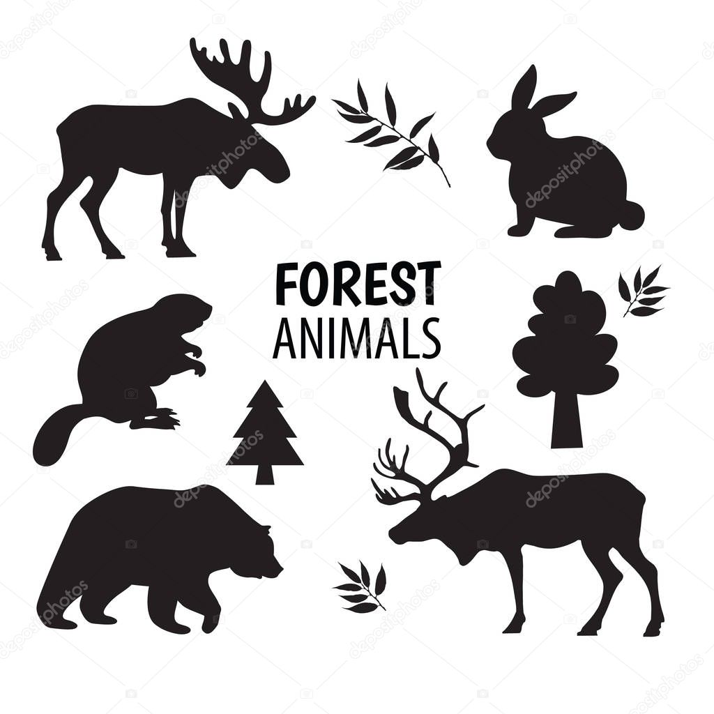 Wild forest animals silhouettes, elements set white isolated. Basis graphics design icons set