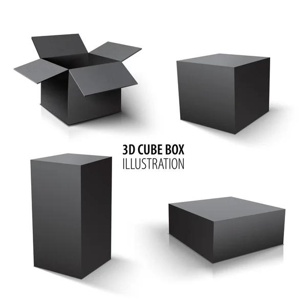 판지 포장 3D 블랙 박스와 큐브 세트. 흰색 배경에 열린 골판지 상자와 큐브의 집합. — 스톡 벡터
