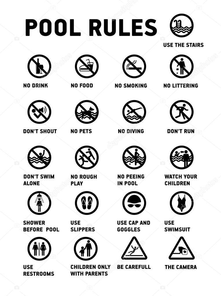 Swimming pool rules. Icons and symbol for pool.