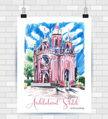 Vektör biçiminde çizim çizimi. Güzel kilise ile poster. Elle çizilmiş illüstrasyon.