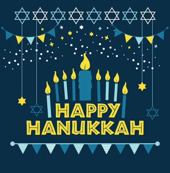 Židovská dovolená Hanukkah přání tradiční Chanukah-Menora svíčky, Hvězdná David ilustrace na modré. — Stockový vektor
