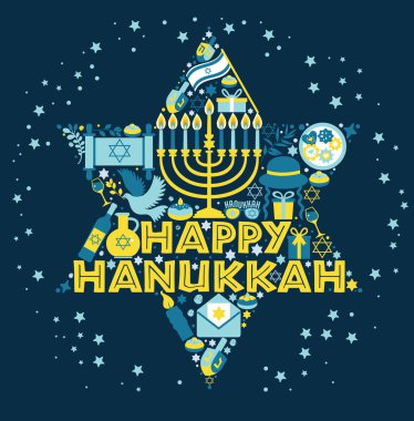 Yahudi tatil Hanukkah tebrik kartı geleneksel Chanukah sembolleri - ahşap dreidels üst ve İbranice harfler, donut, menorah mumlar, yağ kavanozu, yıldız David illüstrasyon iplik.