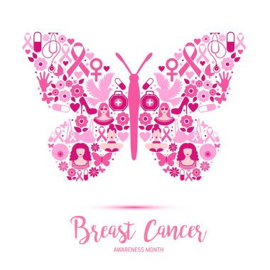 Kelebek işareti ve pembe kurdeleler vektör illüstrasyon tasarım poster düzeni ile meme kanseri farkındalık.