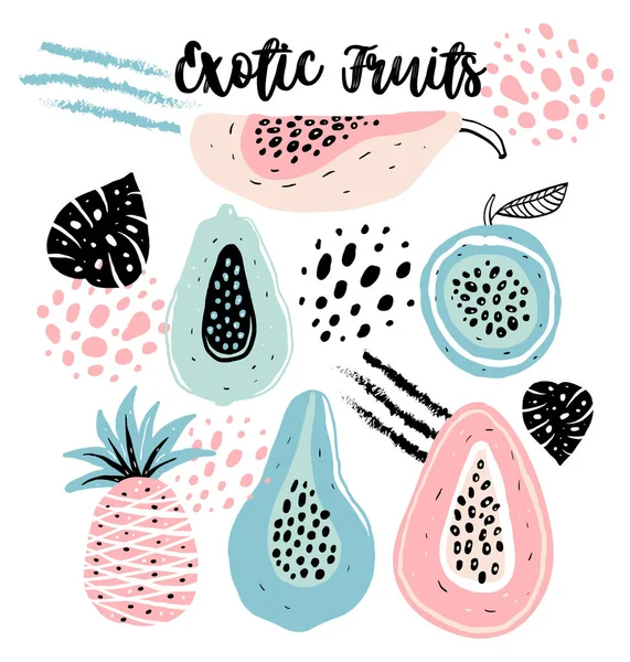 Conjunto de frutas modernas creativas. Fondo de moda dibujado a mano. Iconos abstractos con papaya, piña y maracuyá. Diseño para tarjetas, banners, tela de impresión, camiseta . — Archivo Imágenes Vectoriales