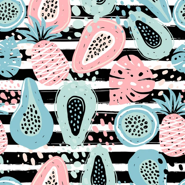 Modèle sans couture avec des fruits modernes créatifs. Fond à la mode dessiné à la main. Modèle abstrait avec ananas papaye et fruit de la passion sur le coup . — Image vectorielle