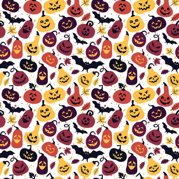 Vacaciones de Halloween con diferentes calabazas, fondo de colores superficiales sin costuras — Vector de stock