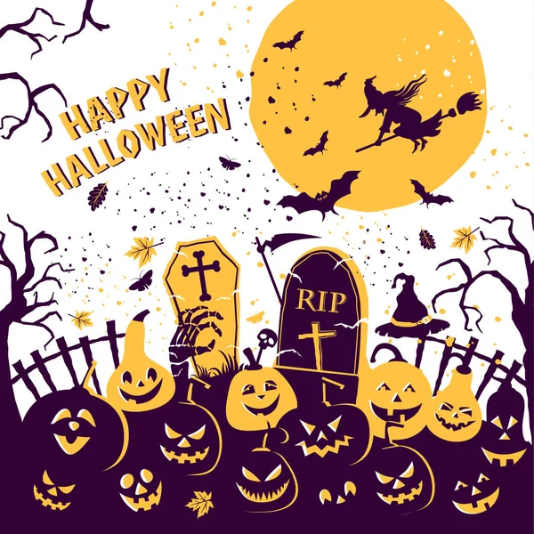 Halloween fest inbjudan med skrämmande pumpor och en full måne häxa — Stock vektor