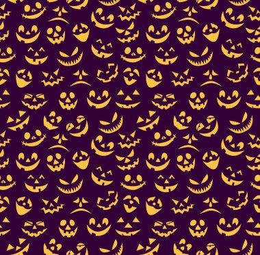 Eğlenceli kabak gülümsüyor Dikişsiz desen. Çeşitli gözleri, burnu ve gülümseme ile koyu mor arka plan sembolü Tasarımcısı. Uluslararası tatil ana sembolü mutlu Cadılar Bayramı olduğunu.