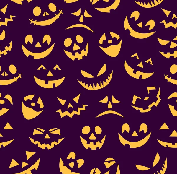 Sömlösa mönster av roliga pumpa leenden. Designer av symbolen för en mörk violett bakgrund med olika ögon, näsa och leende. Den viktigaste symbolen för den internationella semestern är Happy Halloween. — Stock vektor