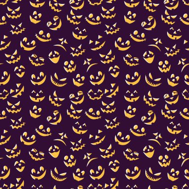 Eğlenceli kabak gülümsüyor Dikişsiz desen. Çeşitli gözleri, burnu ve gülümseme ile koyu mor arka plan sembolü Tasarımcısı. Uluslararası tatil ana sembolü mutlu Cadılar Bayramı olduğunu.
