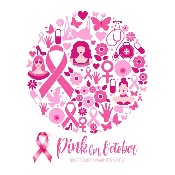 Banner Ilustração do câncer de mama para outubro mês de conscientização. Composição do círculo . — Vetor de Stock
