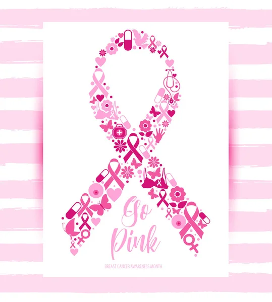 Banner Illustrazione del cancro al seno per ottobre mese di sensibilizzazione. Icona in nastro, doppia esposizione . — Vettoriale Stock